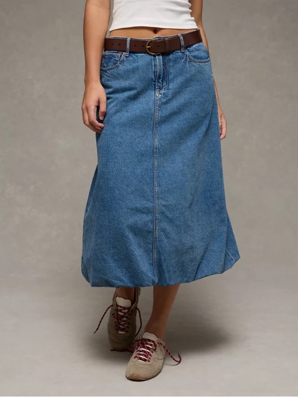 ❗️NEW American Eagle AE High-Waisted Denim Jean Bubble Midi Skirt size 6
